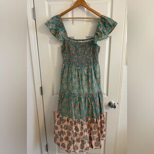 Victoria Dunn Pink Teal Palm Midi Dress